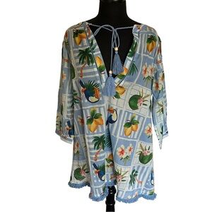True Destinations Women’s Cover Up Resort Tropical Blue Floral Tunic Top. Size M